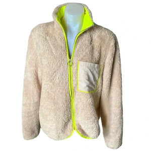 H&M DIVIDED | Light Beige/Neon Yellow Faux Shearling Zip-Up Jacket Size M